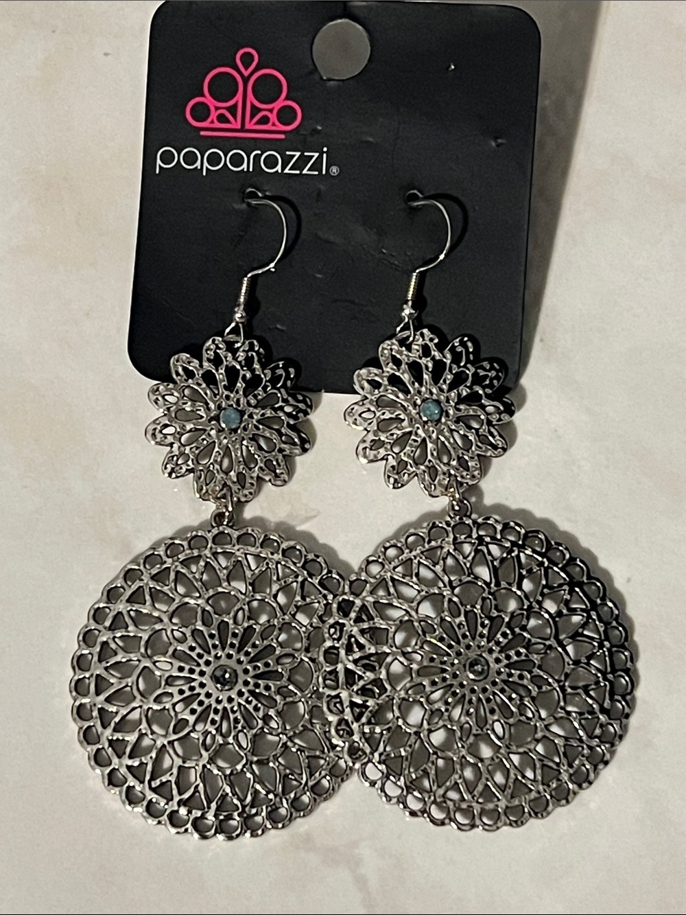 Paparazzi Silver Filigree Floral Drop Earrings with Teal Accents